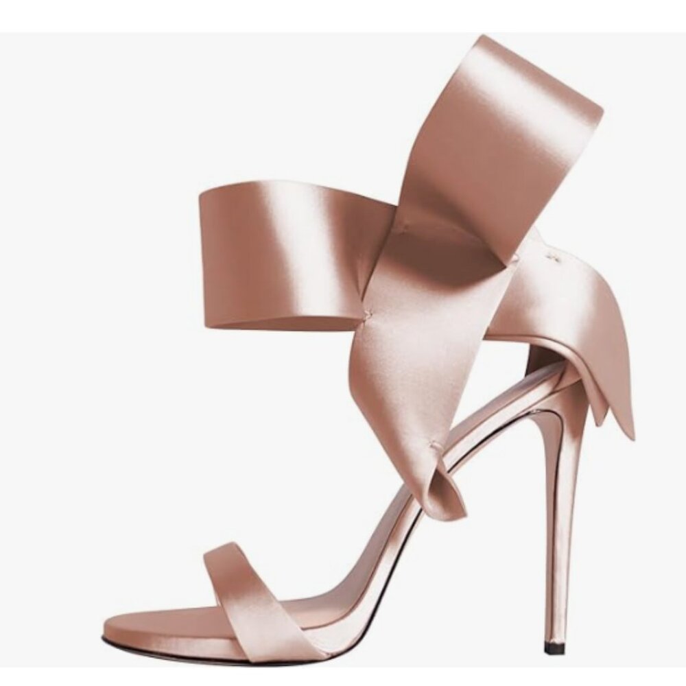 FSJ Pink Satin Stiletto Sandals with Bow